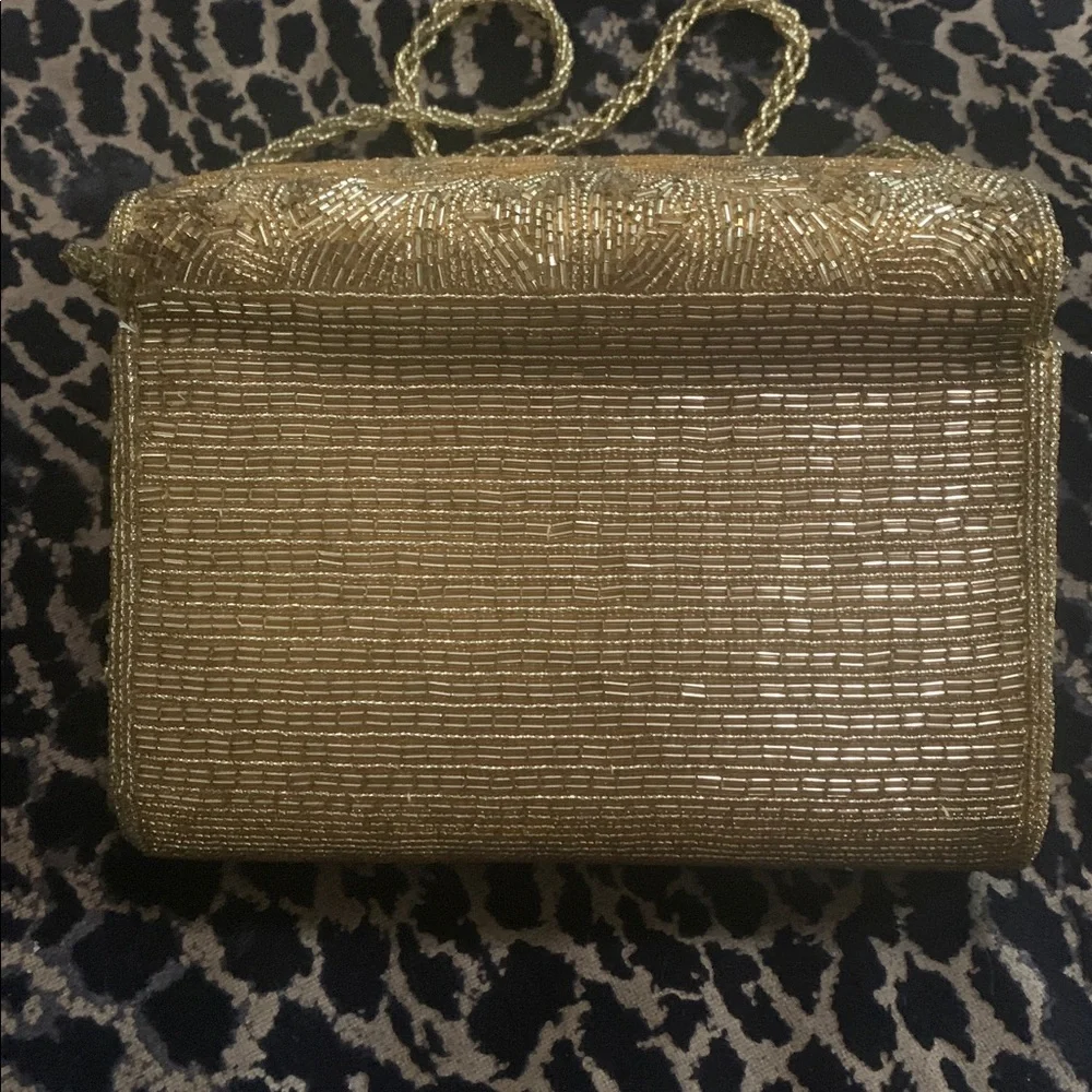 Vintage Gold Beaded Evening Bag Crossbody Wedding Party Clutch Glam - Picture 7 of 8